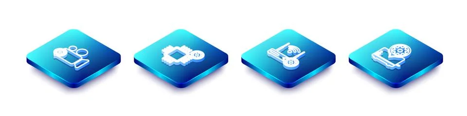 Set Isometric line Video camera setting, Processor, Router and wi-fi and Toaster Stock Illustration