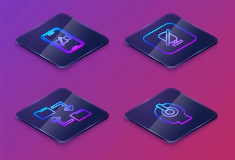 Set Isometric line Video camera Off on mobile, Cloud storage document folder, Stock Illustration