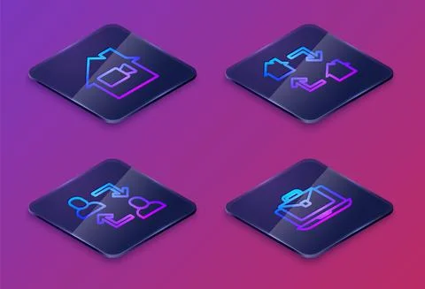 Set Isometric line Video camera Off in home, Project team base, Online working Illustrazione stock