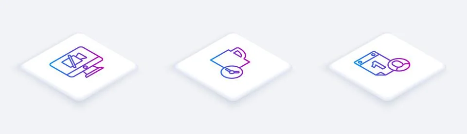 Set Isometric line Video camera Off on computer, Time management and . White Illustrazione stock