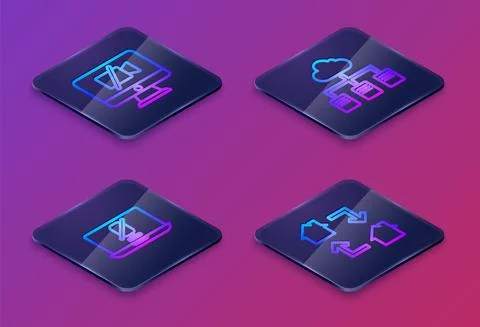 Set Isometric line Video camera Off on computer, Mute microphone laptop, Online 스톡 일러스트