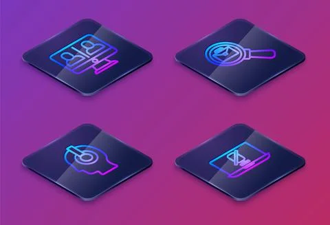 Set Isometric line Video chat conference, Freelancer, Magnifying glass with Stock-Illustration
