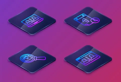 Set Isometric line Video chat conference, Magnifying glass with briefcase, Time Stock-Illustration