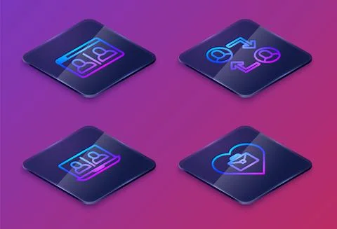 Set Isometric line Video chat conference, , Project team base and Heart with Illustrazione stock
