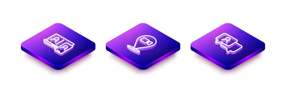 Set Isometric line Video chat conference, and Speech bubble icon. Vector Stock Illustration