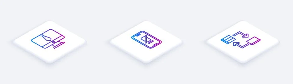 Set Isometric line Video chat conference, Mute microphone mobile and Online.. Stock Illustration