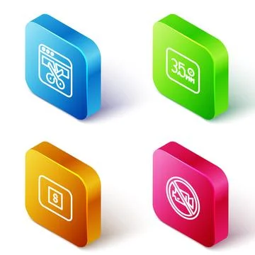 Set Isometric line Video recorder or editor, Audio jack, Stop media button .. Illustrazione stock