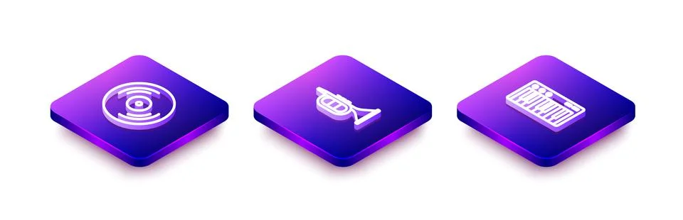 Set Isometric line Vinyl disk, Trumpet and Music synthesizer icon. Vector 스톡 일러스트
