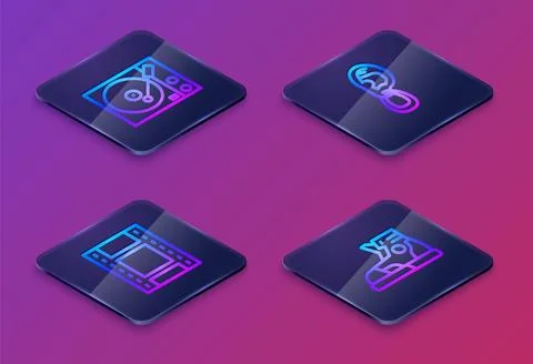 Set Isometric line Vinyl player, Play Video, Ear with earring and Sport sne.. Stock Illustration