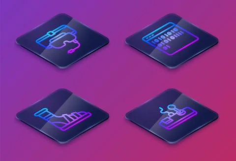 Set Isometric line Virtual reality glasses, Slippers with socks, Binary code and 스톡 일러스트