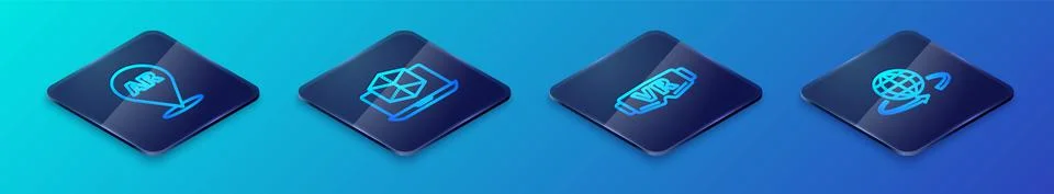 Set Isometric line Virtual reality glasses, Augmented AR, 3d modeling and icon Illustrazione stock