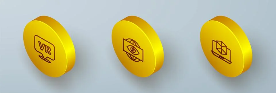 Set Isometric line Virtual reality, Big brother electronic eye and 3d modeling Stock Illustration