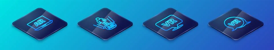 Set Isometric line Virtual reality, Augmented AR, and icon. Vector Stock Illustration