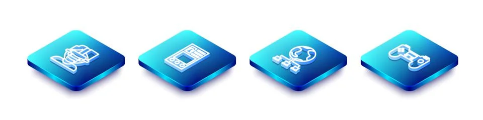 Set Isometric line Virtual reality glasses, Create account screen, Computer n Illustrazione stock