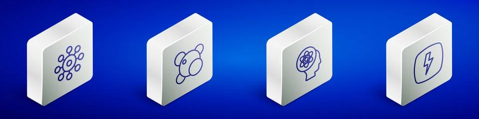 Set Isometric line Virus, Molecule, Atom and Lightning bolt icon. Vector Stock Illustration