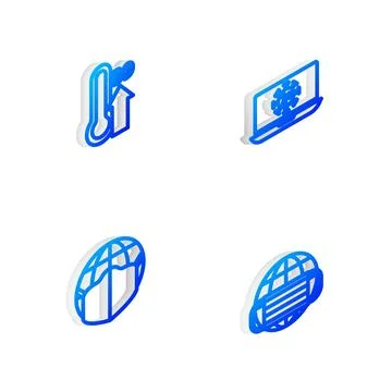 Set Isometric line Virus statistics on laptop, High human body temperature,.. Ilustração Stock