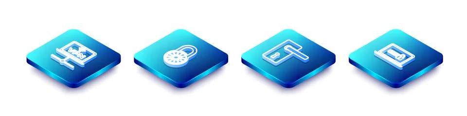 Set Isometric line VPN Computer network, Safe combination lock wheel, Door Stock Illustration