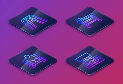 Set Isometric line Walker, Man without legs sitting wheelchair, Stretcher and Stock Illustration