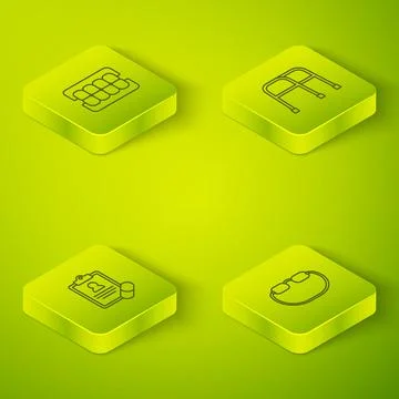 Set Isometric line Walker, Medical prescription, Eyeglasses and False jaw icon Stock Illustration