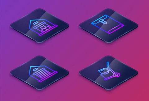 Set Isometric line Warehouse, Envelope and Hand truck and boxes. Blue square Ilustración de archivo