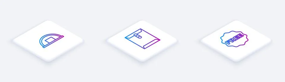 Set Isometric line Warehouse, Envelope and rice tag with Free. White square Ilustración de archivo