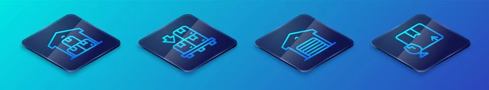 Set Isometric line Warehouse, Full warehouse, Package box with fragile content Stock Illustration