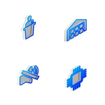 Set Isometric line Warehouse, Speaker, mute and Processor with CPU icon. Vect Stock Illustration