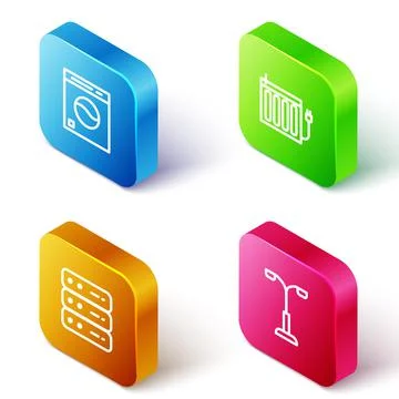 Set Isometric line Washer, Heating radiator, Server, Data, Web Hosting and Stock Illustration