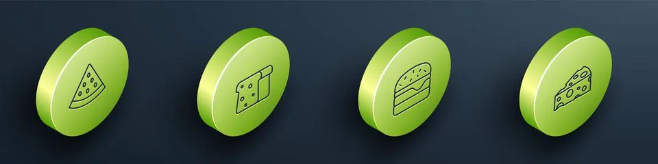 Set Isometric line Watermelon, Bread toast, Burger and Cheese icon. Vector 스톡 일러스트