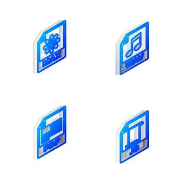 Set Isometric line WAV file document, MAX, PDF and JS icon. Vector Stock Illustration