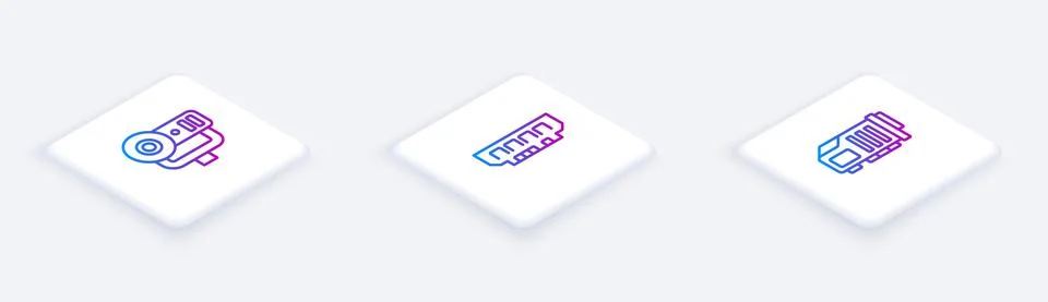 Set Isometric line Web camera, RAM, random access memory and Video graphic card Stock Illustration