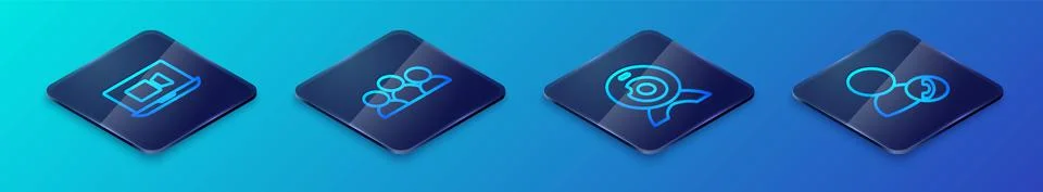 Set Isometric line Web camera, Video chat conference, and Meeting icon. Vector Stock Illustration