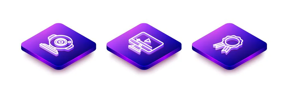 Set Isometric line Web camera, Online play video and education with diploma icon 스톡 일러스트