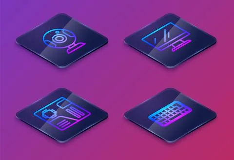 Set Isometric line Web camera, Motherboard digital chip, Computer monitor scr Stock Illustration