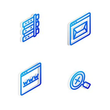 Set Isometric line Website and mail, Server, Browser window and Magnifying glass Stock Illustration