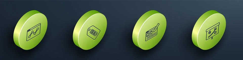 Set Isometric line Website statistic, SEO optimization, UI or UX design and Stock Illustration