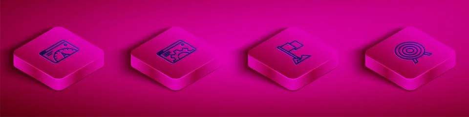 Set Isometric line Website statistic, Browser setting, Location marker and .. Stock Illustration