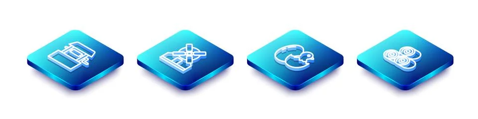 Set Isometric line Well, Windmill, Little chick cracked egg and Roll of hay icon Stock Illustration