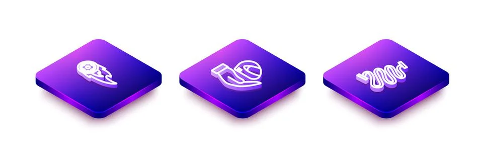 Set Isometric line Wheel in fire flame, Racing helmet and track icon. Vector Stock Illustration