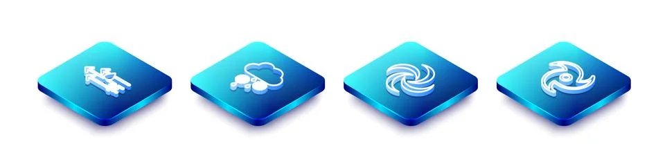 Set Isometric line Wind and rain with snow, Cloud, Tornado and  icon. Vector Stock Illustration