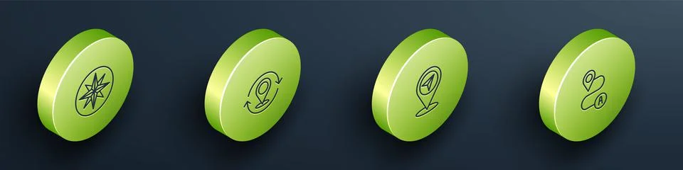 Set Isometric line Wind rose, Map pin, and Route location icon. Vector Illustrazione stock