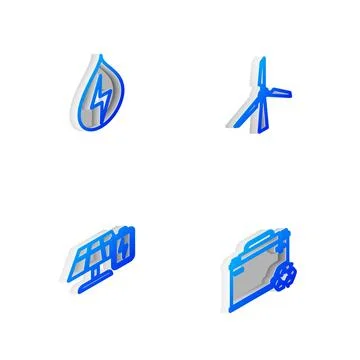 Set Isometric line Wind turbine, Water energy, Solar panel and battery and Ca Stock Illustration