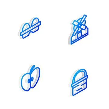 Set Isometric line Windmill, Chicken egg box, Apple and Basket icon. Vector Stock Illustration