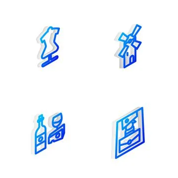 Set Isometric line Windmill, Mannequin, Wine bottle with cheese and Handbag icon Stock Illustration