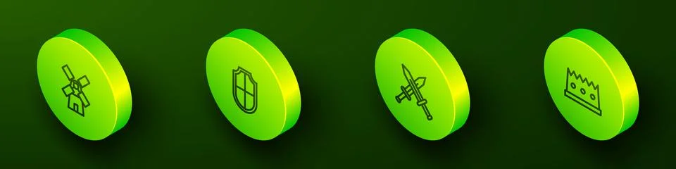 Set Isometric line Windmill, Shield, Crossed medieval sword and King crown icon Stock Illustration