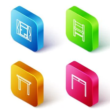 Set Isometric line Window with curtains, Chair, Wooden table and icon. Vector Stock Illustration