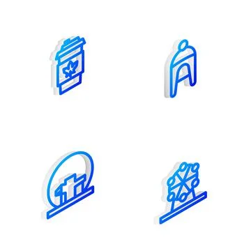 Set Isometric line Winter hat, Coffee cup to go, Montreal Biosphere and Ferris Ilustración de archivo