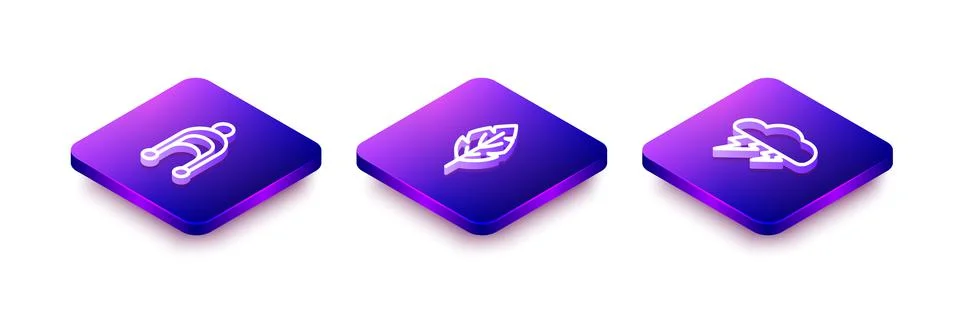 Set Isometric line Winter hat, Leaf and Cloud and lightning icon. Vector Stock Illustration