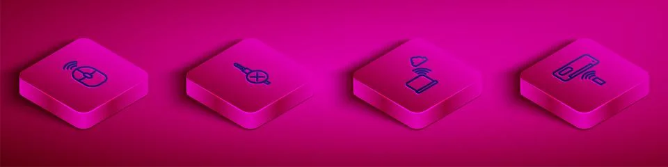 Set Isometric line Wireless computer mouse No audio jack Network cloud connec Stock Illustration