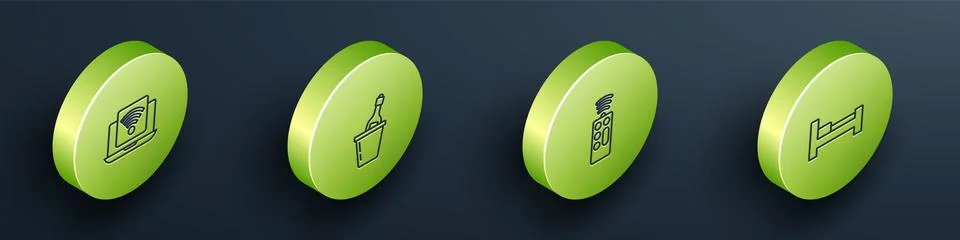 Set Isometric line Wireless laptop, Champagne in an ice bucket, Remote control Illustrazione stock